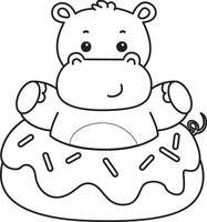 Outline of hippo stuck in the doughnut. Coloring pages of cute hippo icon. vector