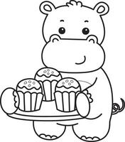 Outline of hippo bring a three of cupcakes. Coloring pages of cute hippo icon. vector
