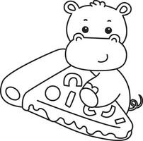 Outline of hippo bring a pizza. Coloring pages of cute hippo icon. vector
