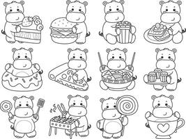 Outline of hippo in the variation of fast food and dessert. Coloring pages of cute hippo icon. vector