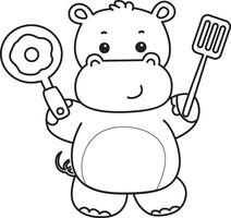 Outline of hippo want to cooking eggs. Coloring pages of cute hippo icon. vector