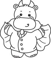 Outline of hippo wearing a vampire costume. Coloring pages of cute hippo icon. vector