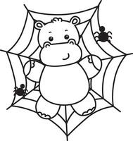 Outline of hippo stuck in the spider web. Coloring pages of cute hippo icon. vector