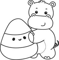 Outline of hippo bring a yellow candy. Coloring pages of cute hippo icon. vector