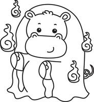 Outline of hippo wearing a white ghost costume. Coloring pages of cute hippo icon. vector