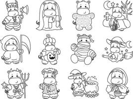 Outline of hippo in the variation of halloween party. Coloring pages of cute hippo icon. vector