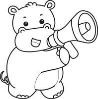 Outline of hippo sounding with megaphone. Coloring pages of cute hippo icon. vector