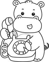 Outline of hippo calling someone by phone. Coloring pages of cute hippo icon. vector