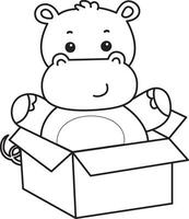 Outline of hippo stuck in the box. Coloring pages of cute hippo icon. vector
