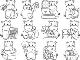 Outline of hippo in the variation of money and finance. Coloring pages of cute hippo icon. vector