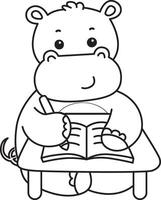 Outline of hippo writing in the table. Coloring pages of cute hippo icon. vector