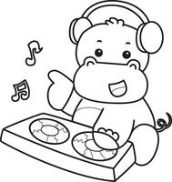 Outline of hippo playing a disc in the pub. Coloring pages of cute hippo icon. vector
