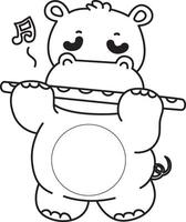 Outline of hippo playing a flute. Coloring pages of cute hippo icon. vector