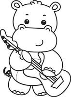 Outline of hippo playing a guitar. Coloring pages of cute hippo icon. vector