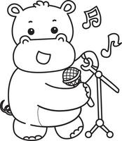 Outline of hippo sing a song with microphone. Coloring pages of cute hippo icon. vector