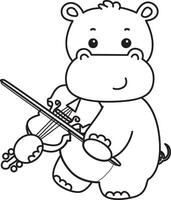 Outline of hippo playing a violin. Coloring pages of cute hippo icon. vector