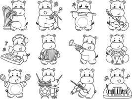 Outline of hippo in the variation of music and instrument. Coloring pages of cute hippo icon. vector