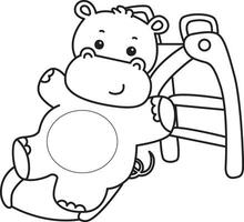 Outline of hippo playing in the sliding. Coloring pages of cute hippo icon. vector