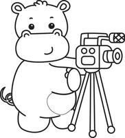 Outline of hippo making content with camera. Coloring pages of cute hippo icon. vector