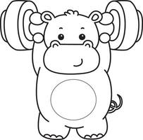 Outline of hippo lifting a dumbbell. Coloring pages of cute hippo icon. vector