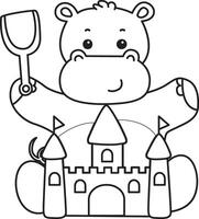 Outline of hippo playing a sand castle. Coloring pages of cute hippo icon. vector