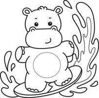 Outline of hippo playing a surfing. Coloring pages of cute hippo icon. vector