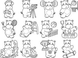 Outline of hippo in the variation of sport and workout. Coloring pages of cute hippo icon. vector