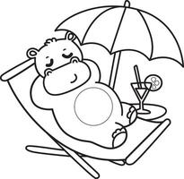 Outline of hippo laying in the beach. Coloring pages of cute hippo icon. vector