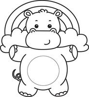 Outline of hippo inf ront of the rainbow. Coloring pages of cute hippo icon. vector