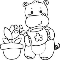 Outline of hippo watering a leaves. Coloring pages of cute hippo icon. vector