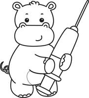Outline of hippo bring a syringe. Coloring pages of cute hippo icon. vector