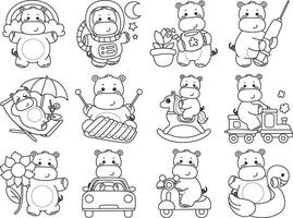 Outline of hippo in the variation of daily life. Coloring pages of cute hippo icon. vector