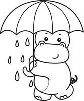 Outline of hippo bring an umbrella. Coloring pages of cute hippo icon. vector