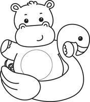 Outline of hippo stuck in the flamingo tire. Coloring pages of cute hippo icon. vector