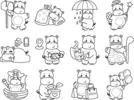 Outline of hippo with variation of daily life. Coloring pages of cute hippo icon. vector