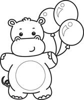 Outline of hippo bring a three of balloons. Coloring pages of cute hippo icon. vector