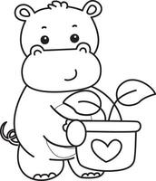 Outline of hippo bring a leaves in the pot. Coloring pages of cute hippo icon. vector