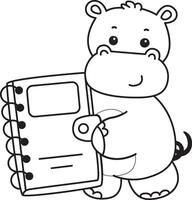 Outline of hippo bring a notebook. Coloring pages of cute hippo icon. vector