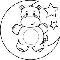 Outline of hippo stand up in the moon. Coloring pages of cute hippo icon. vector