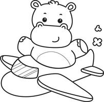 Outline of hippo riding a plane. Coloring pages of cute hippo icon. vector