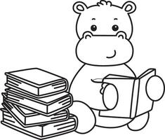Outline of hippo reading a book. Coloring pages of cute hippo icon. vector