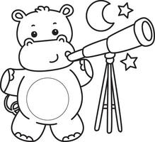 Outline of hippo see the moon by telescope. Coloring pages of cute hippo icon. vector