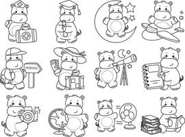 Outline of hippo in the variation of smart and education. Coloring pages of cute hippo icon. vector