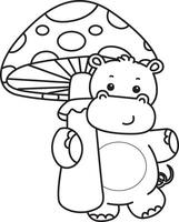 Outline of hippo bring a mushroom. Coloring pages of cute hippo icon. vector