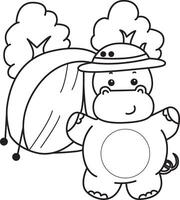 Outline of hippo in the camp. Coloring pages of cute hippo icon. vector