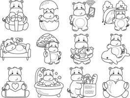 Outline of hippo in the variation of activity. Coloring pages of cute hippo icon. vector