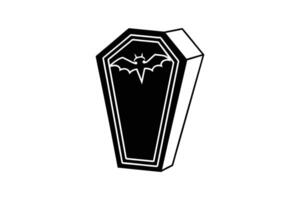 A black and white drawing of a coffin with a bat on it vector