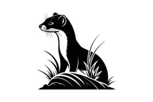 A black and white illustration of a weasel sitting on a rock vector