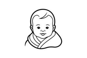Baby boy in a blanket, black and white line drawing vector
