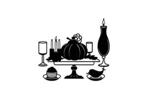 Festive Thanksgiving Table Setting with Pumpkin and Candles Silhouette vector